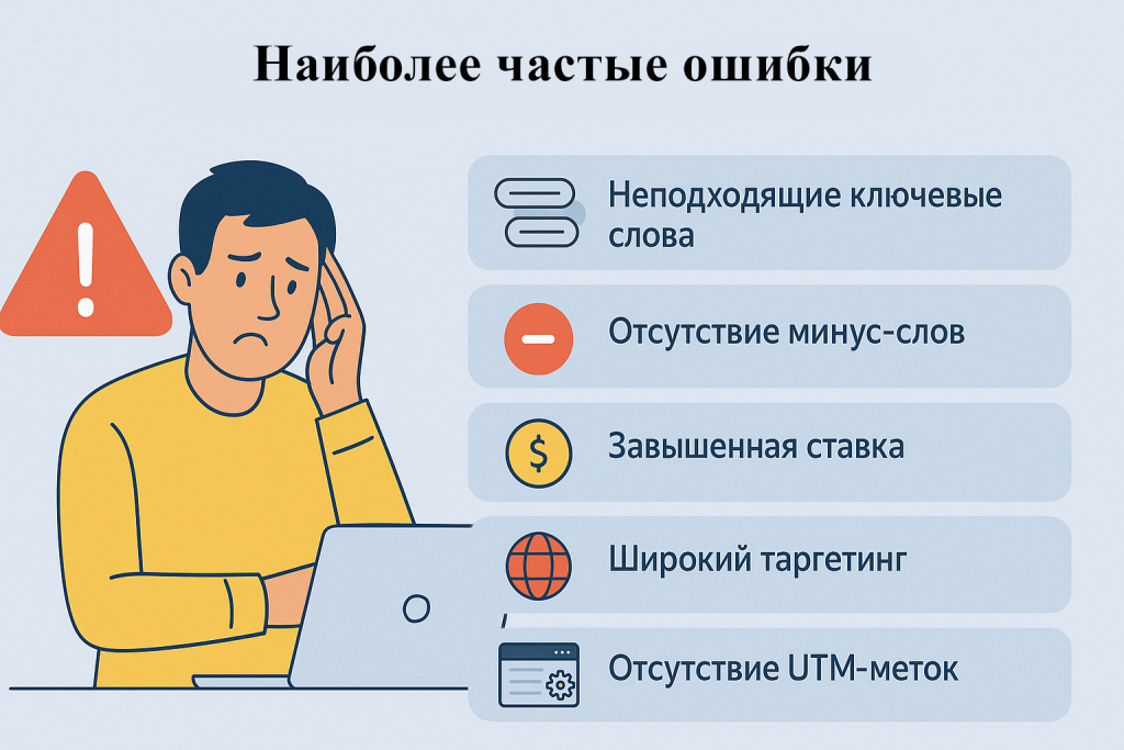 Ошибки при настройке Яндекс Директ - ключевые фразы, минус-слова, объявления, отсутствие аналитики